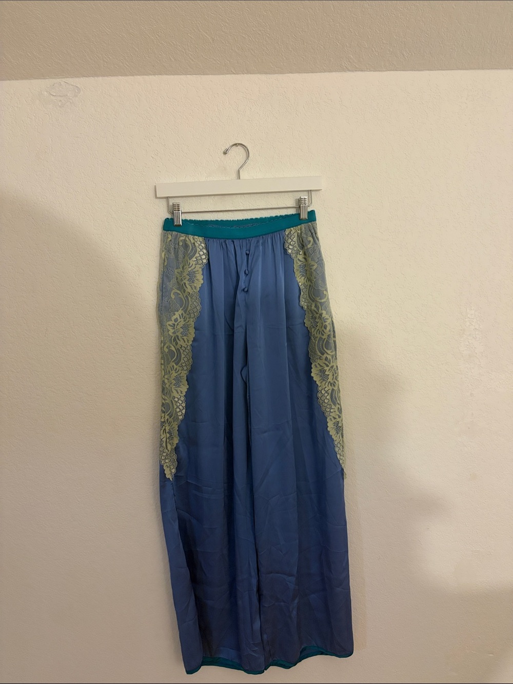 Blue Satin Wide-Leg Pants with Green Lace Trim